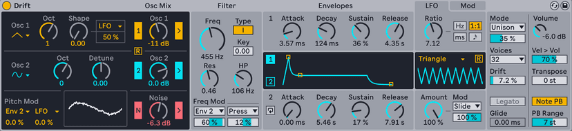 Ableton Live's Drift synthesiser, showing the oscillator mix, filter, envelopes, LFO and Mod sections