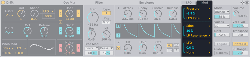 Drift's Mod section, routing a modulation source to a destination with an amount