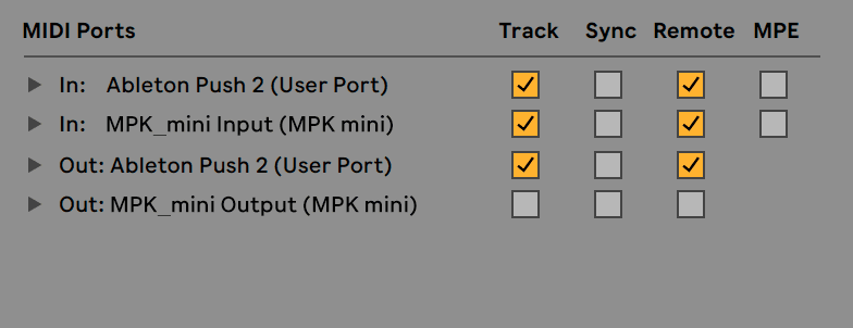 MIDI port routing in Ableton Live, with Track, Sync, Remote and MPE columns