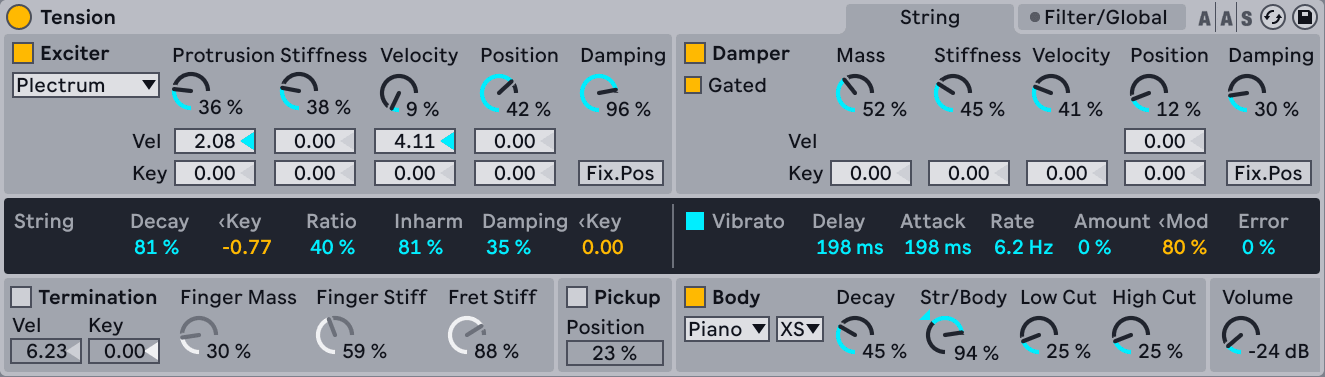 Ableton Live's Tension, showing the Exciter, String, Damper and Body sections