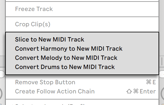 Ableton Live's track context menu, with Freeze Track at the top