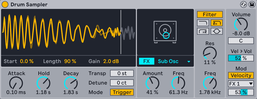 Ableton Live's Drum Sampler, showing Start, Length, Tune, the envelope and the Sub Osc section