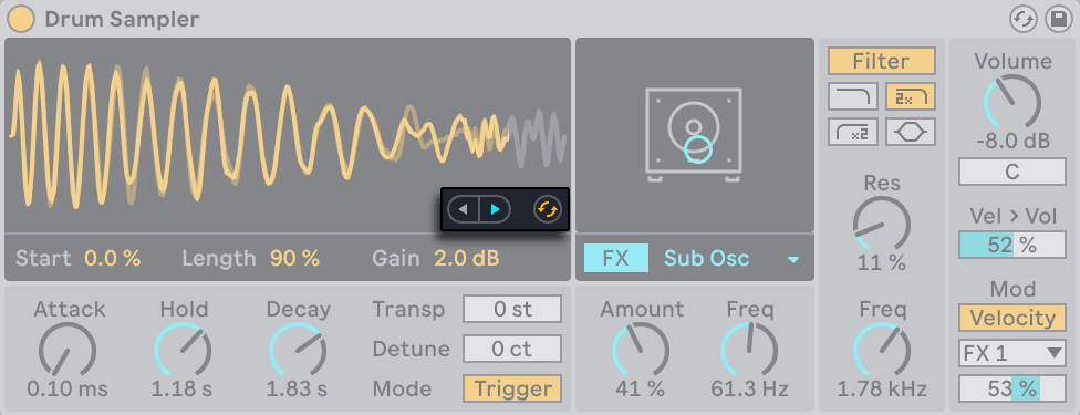 Drum Sampler's filter and playback effects section