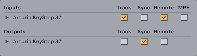 MIDI input and output routing in Ableton Live, with Sync enabled on a hardware port