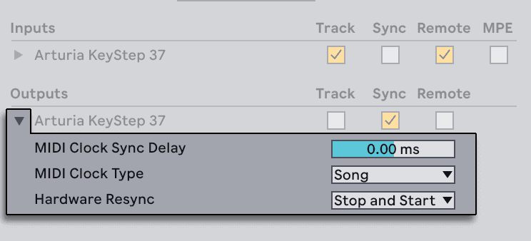 MIDI Clock Sync Delay and Hardware Resync settings in Ableton Live