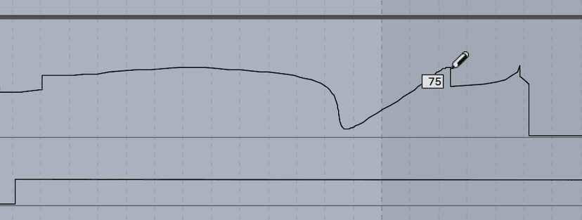 A volume automation curve drawn by hand over a track, with the value readout showing the level at the cursor