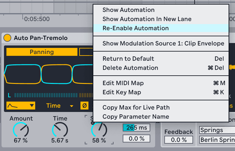 A device parameter's automation menu - show the lane, delete the automation, or re-enable it after an override