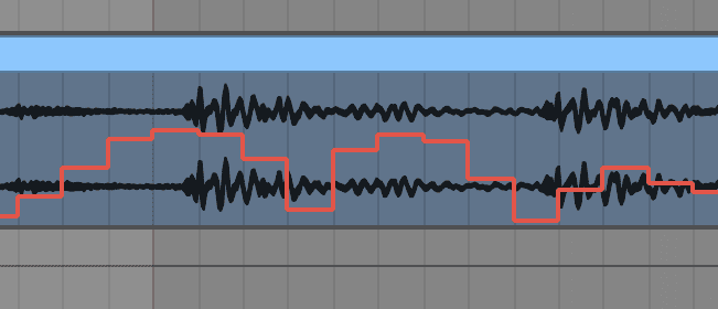 Stepped automation drawn over an audio waveform, holding a value through one section and jumping at the boundary