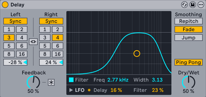 A stereo delay with independent left and right times, feedback, and a filter in the repeat path