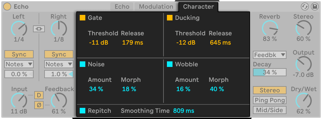 A modern delay's character controls - gate, ducking, noise and wobble - the tape-machine behaviours modelled rather than inherited