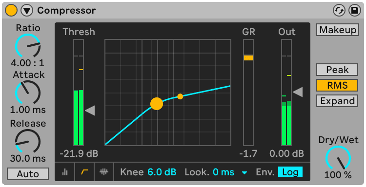 A compressor showing ratio, threshold, attack, release and knee, with the transfer curve and gain-reduction meter that tell you what they are doing