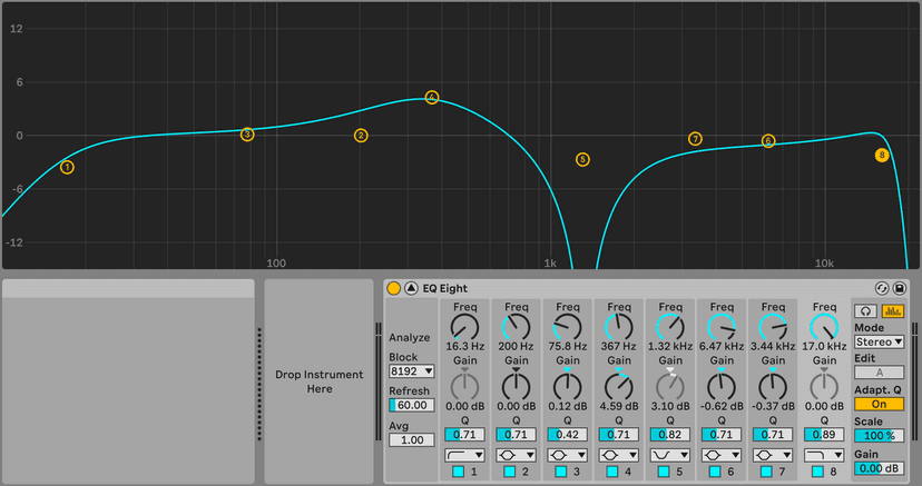 An eight-band parametric EQ with its curve over a live spectrum analyser - the shape every EQ in this chapter is describing