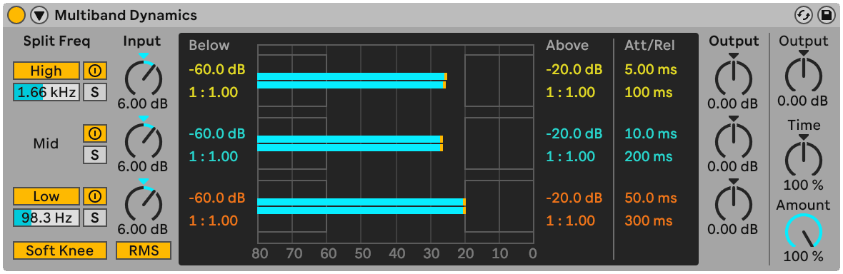 A multiband dynamics processor: three bands, each with its own crossover, threshold, ratio and timing