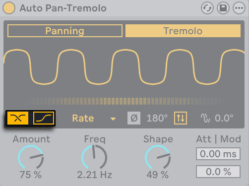 An auto-panner with its LFO shape drawn out, switchable between panning and tremolo - the same modulation applied to position or to level