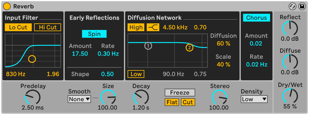 A reverb's three stages laid out in order: input filter, early reflections, then the diffusion network that becomes the tail