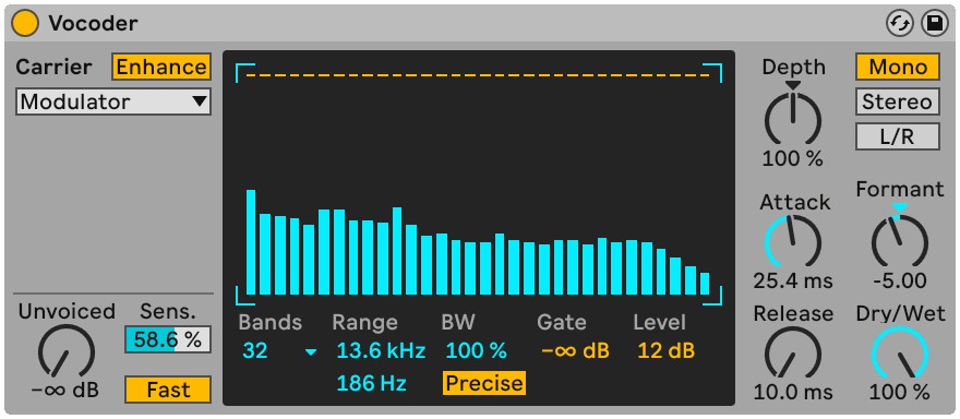 A vocoder with its filter bank visible: the modulator's spectrum analysed into bands and imposed on the carrier