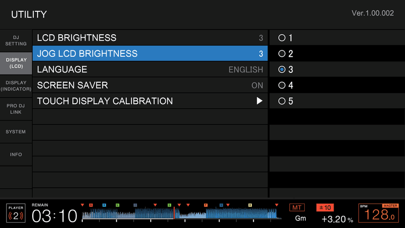 The CDJ-3000 UTILITY screen with display, PRO DJ LINK, system and info sections