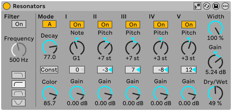 Ableton Live's Resonators, with five tunable resonator bands