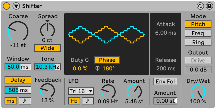 Ableton Live's Shifter in Pitch mode, with its LFO and envelope follower