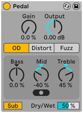 Ableton Live's Pedal, set to Overdrive with Bass, Mid, Treble and Sub controls