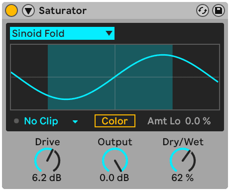 Ableton Live's Saturator on the Sinoid Fold curve, with Drive, Output and Dry/Wet