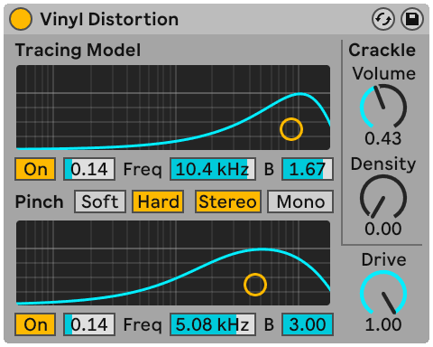 Ableton Live's Vinyl Distortion, with its Tracing Model and Pinch curves
