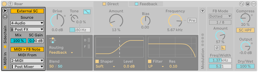 Ableton Live's Roar, showing the input, gain stage, modulation and feedback sections