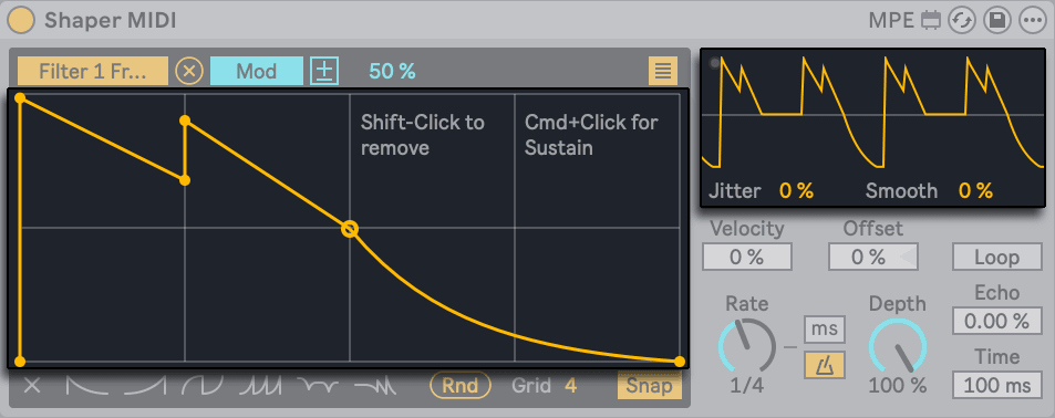 Shaper MIDI, one of Ableton Live's bundled Max for Live devices, with a drawn modulation curve