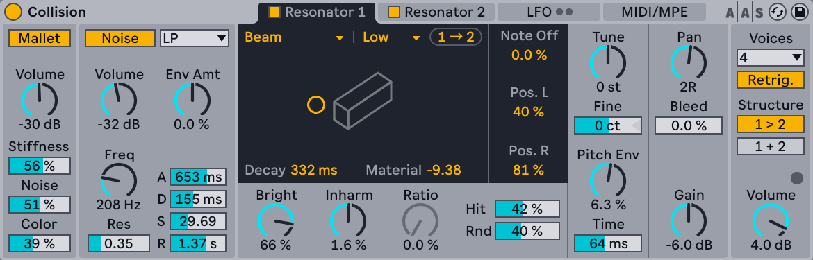 Ableton Live's Collision, showing the Mallet, Noise and Resonator sections