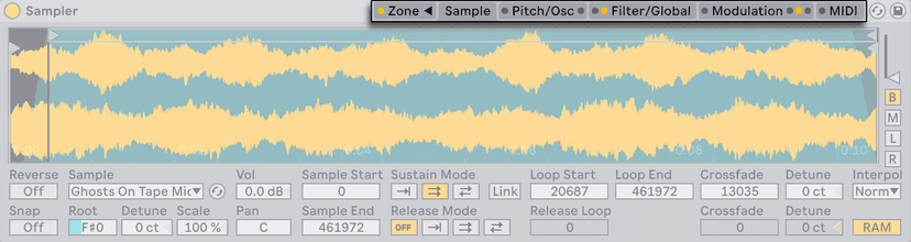 Sampler's Zone editor, with a sample's key range shown against the keyboard