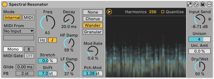 Ableton Live's Spectral Resonator, with its harmonics display and pitch mode set to MIDI