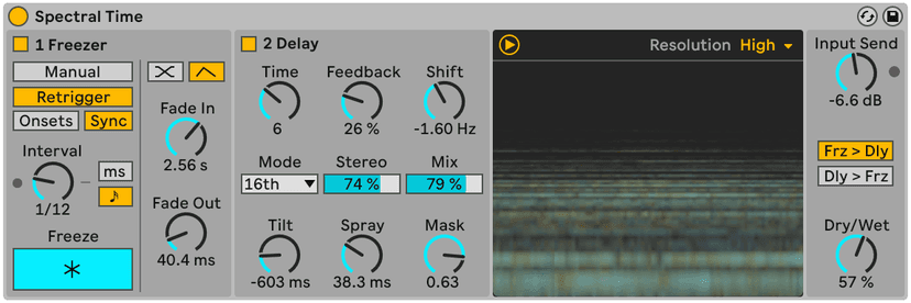 Ableton Live's Spectral Time, showing the Freezer and frequency-domain Delay sections