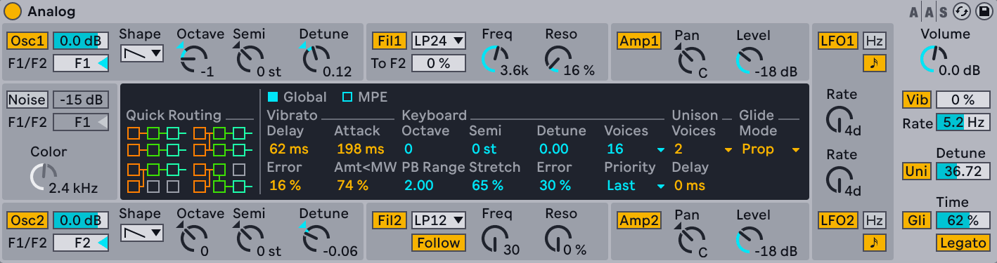 Ableton Live's Analog, with both oscillators, filters, amplifiers and the global section