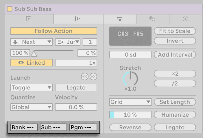 A clip's Launch panel in Ableton Live, showing Follow Action set to Next with a linked action time