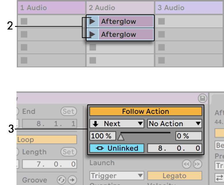 Two Follow Action slots on a clip, with the second set to No Action and unlinked timing