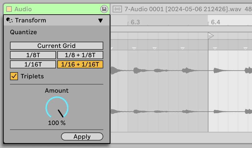 Ableton Live's Transform panel, quantising a clip to 1/16 plus triplets