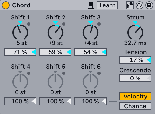 Ableton Live's Chord MIDI effect, with per-note shift, strum and tension