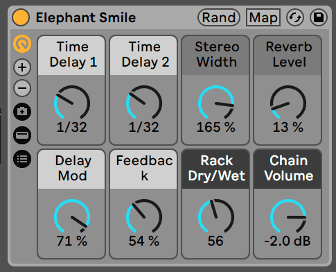 An Audio Effect Rack's eight macro controls, mapped to delay, width and reverb parameters