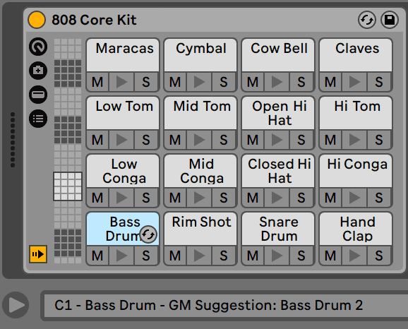 A Drum Rack's pad view, holding an 808 kit across sixteen pads