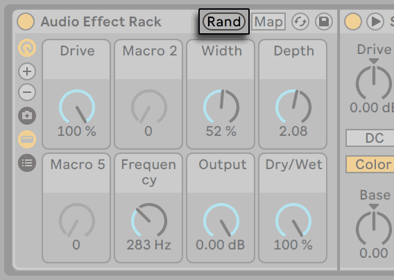 An Audio Effect Rack with the Randomize Macros and Map buttons in its title bar