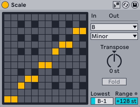 Ableton Live's Scale MIDI effect mapping incoming notes to B minor