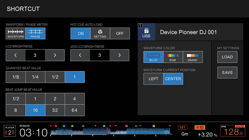 The CDJ-3000 SHORTCUT screen: quantize beat value, beat jump value, waveform colour and My Settings load