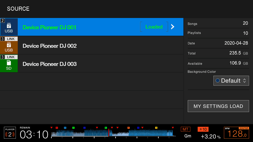 The CDJ-3000 SOURCE screen listing a USB on this player and two more over LINK