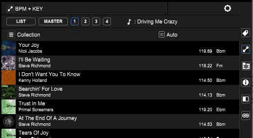 rekordbox's BPM + KEY related tracks list, showing tracks near the playing one's tempo and key