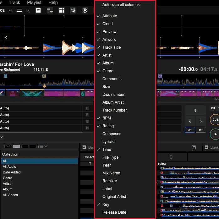 rekordbox's column menu, with BPM, Key, Rating and Comments ticked