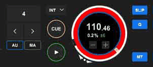 A rekordbox deck panel showing the BPM, tempo range, Q for quantize and MT for master tempo