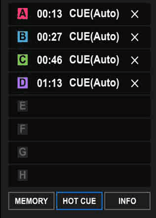 rekordbox's hot cue list with four auto-set cues and Memory, Hot Cue and Info tabs