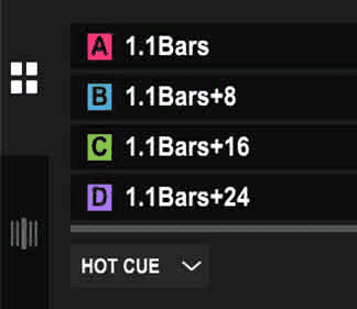 Four hot cues in rekordbox labelled 1.1Bars, 1.1Bars+8, +16 and +24