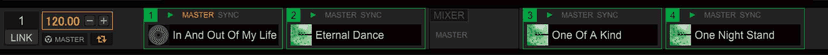 rekordbox's LINK bar showing four players and the tracks loaded on each