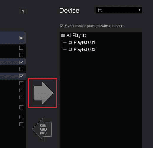 rekordbox's Device panel with Synchronize playlists with a device ticked and two playlists selected
